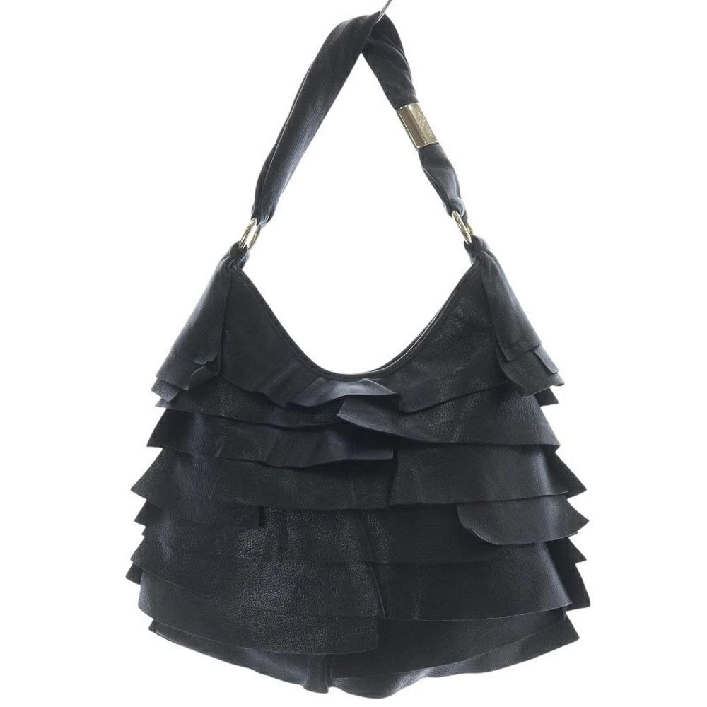 Saint Laurent Yves Hobo Leather Frill Bag Handbag Black